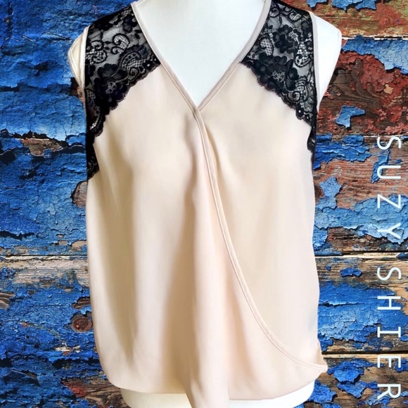 Suzy Shier Cream and Black Lace Detail Blouse - Picture 1 of 11